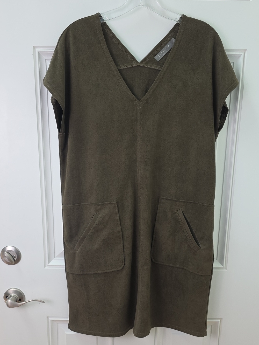 Olive Green Faux Suede Dress with Front Pockets. Size Small